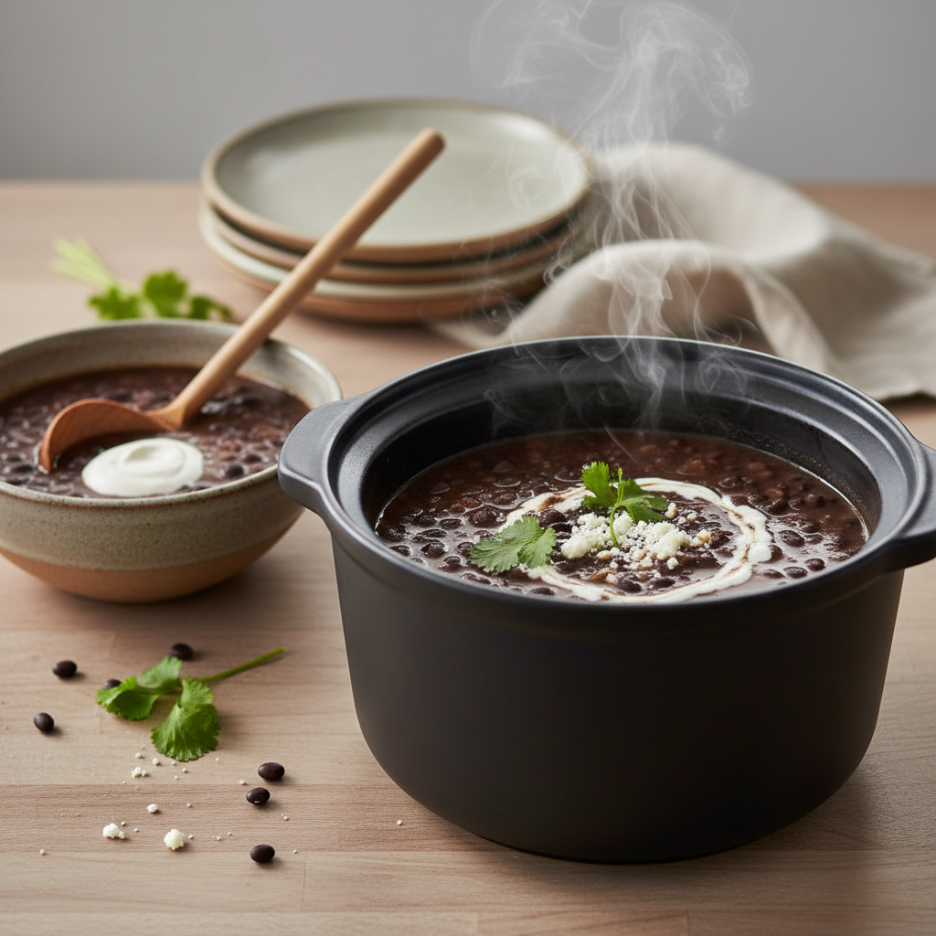 Ilustração editorial: Slow Cooker Black Bean Soup: 3 Secrets for Perfect Texture