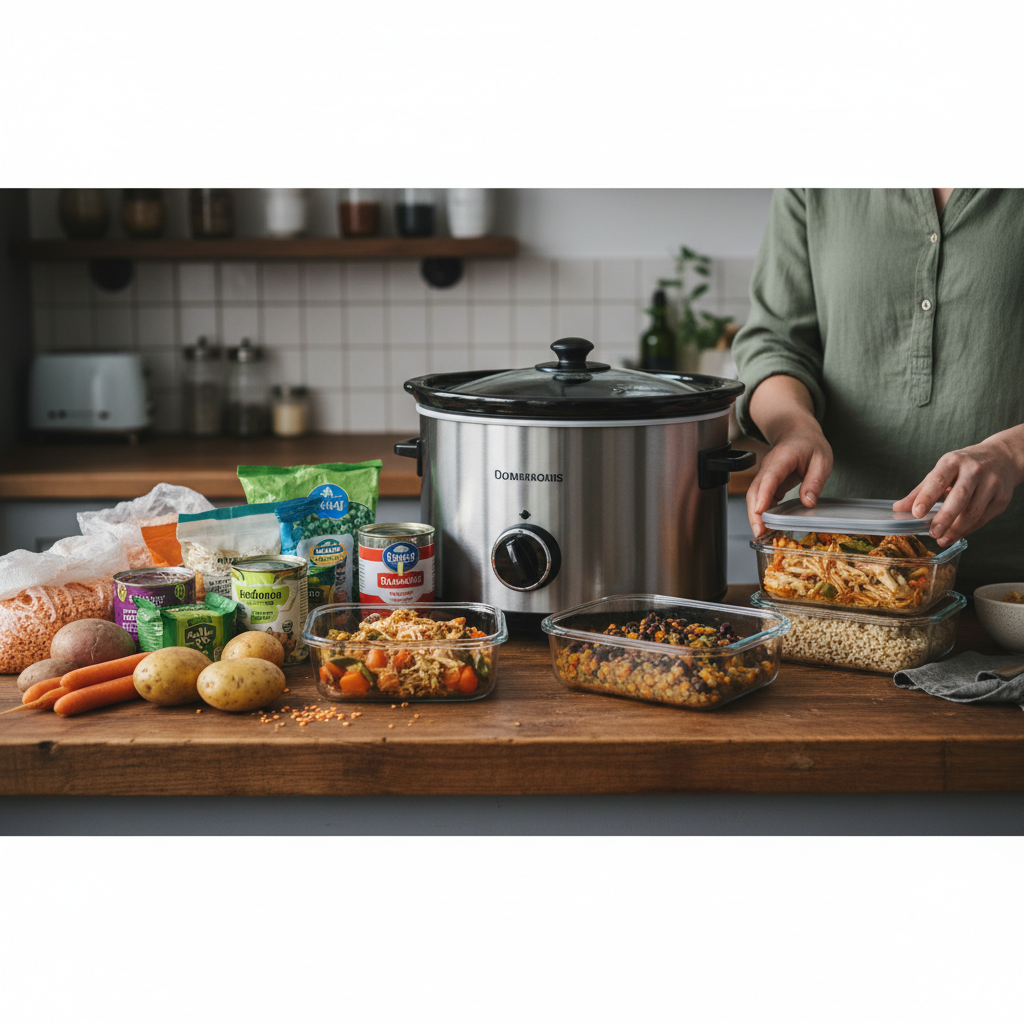 Ilustração editorial: Slow Cooker Meal Prep Budget: Save 50% on Weekly Meals