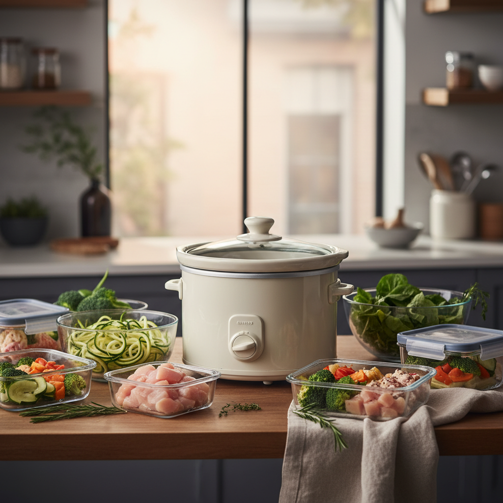 Ilustração editorial: Slow Cooker Meal Prep Low Carb: 5 Steps to Save 4 Hours Weekly