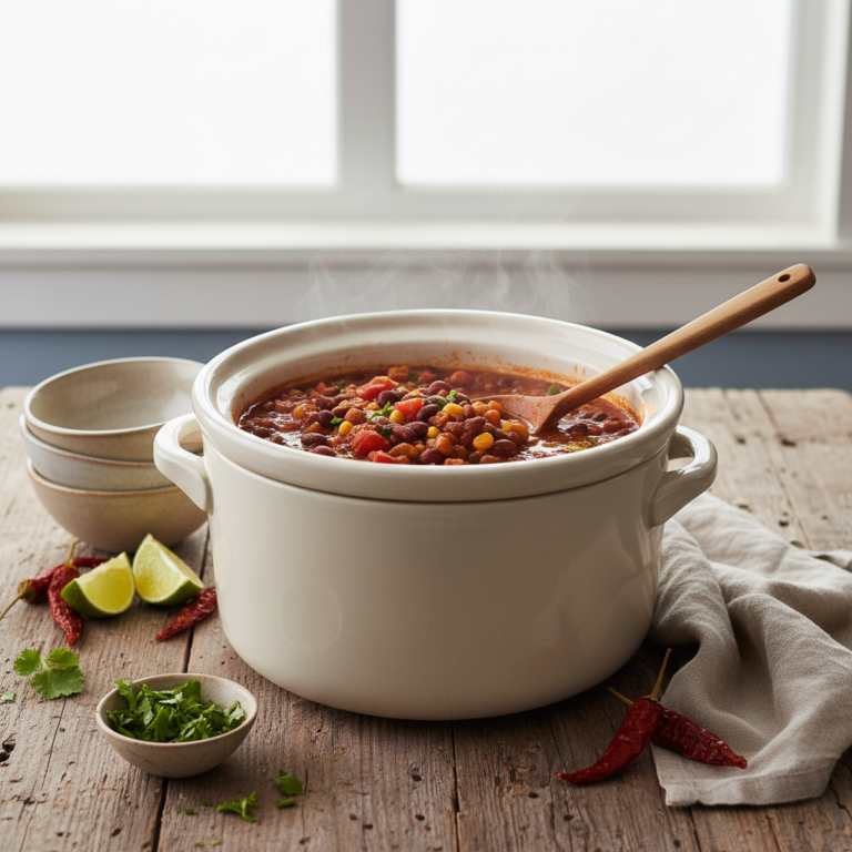 Ilustração editorial: Slow Cooker Vegetarian Chili: 5 Tips for Low-Carb Success
