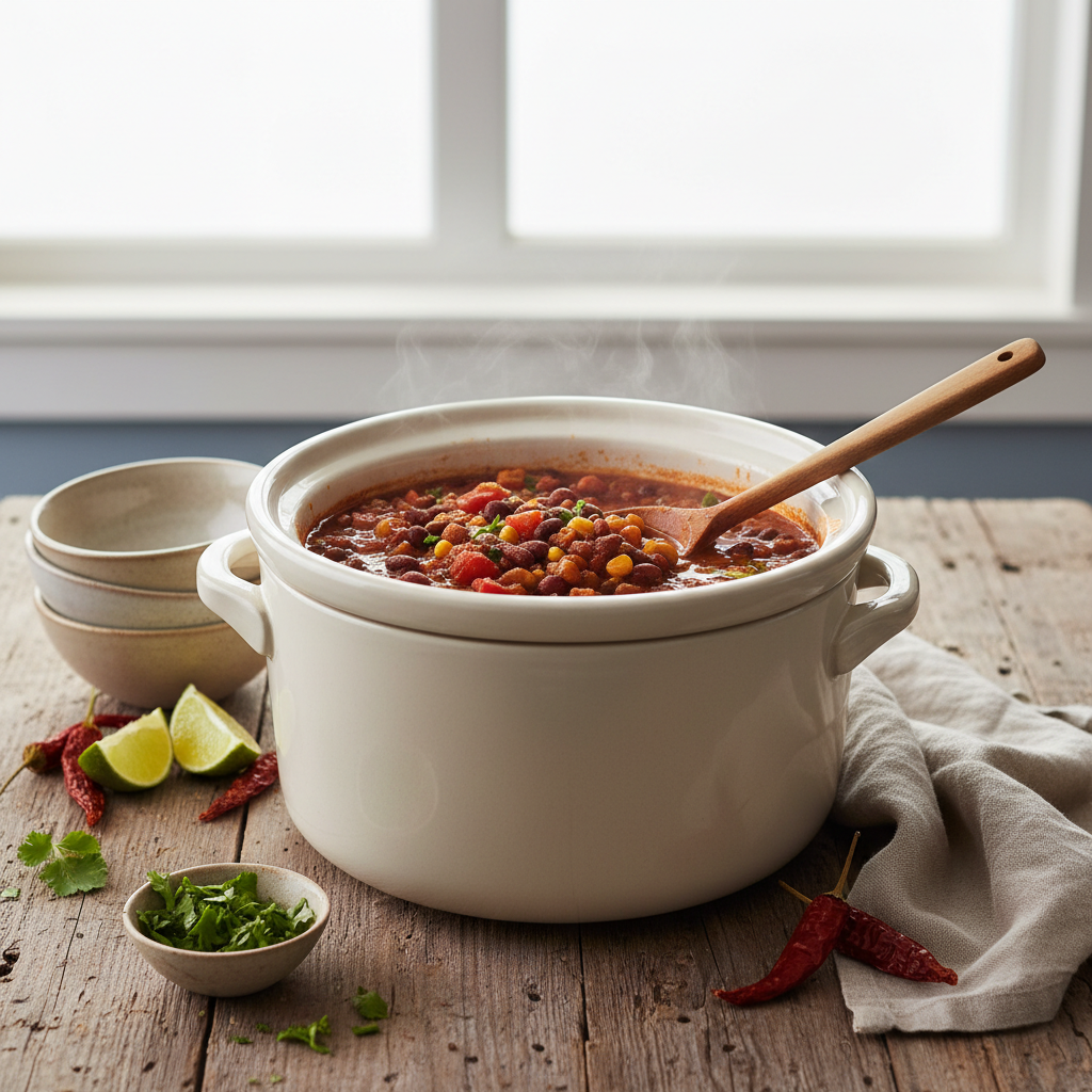 Ilustração editorial: Slow Cooker Vegetarian Chili: 5 Tips for Low-Carb Success