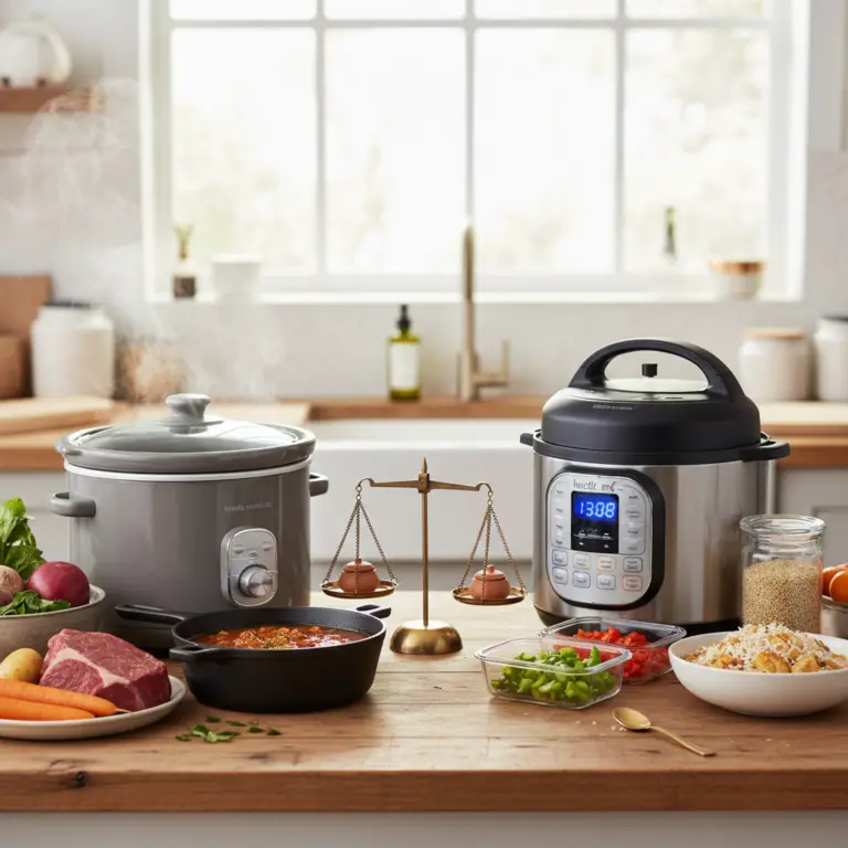 Ilustração editorial: Slow Cooker vs Instant Pot: 5 Factors for Low-Carb Success