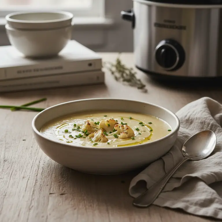 Ilustração editorial: Keto Slow Cooker Cauliflower Soup: The 4-Step Creamy Method