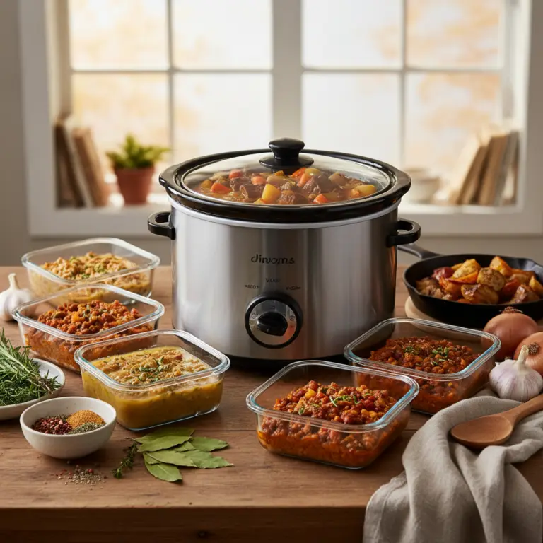 Ilustração editorial: Slow Cooker Batch Cooking: Save 5 Hours Weekly with This Method