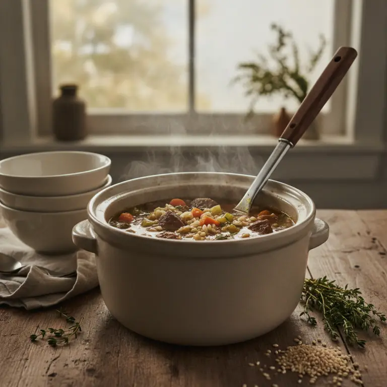 Ilustração editorial: Slow Cooker Beef Barley Soup: 1 Simple Method for 8 Servings