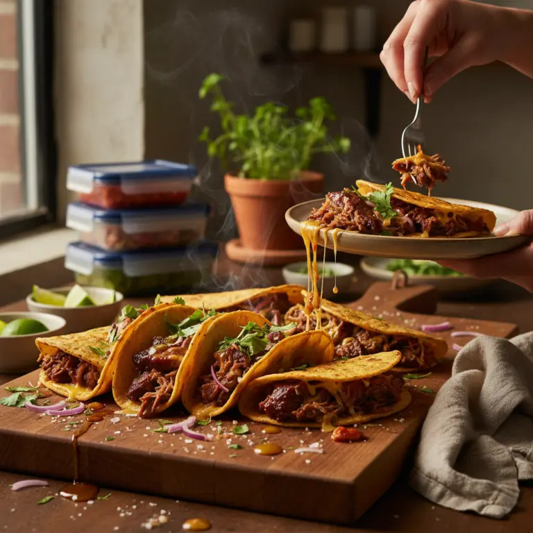 Ilustração editorial: Slow Cooker Brisket Meal Prep: 5 Days of Low-Carb Tacos