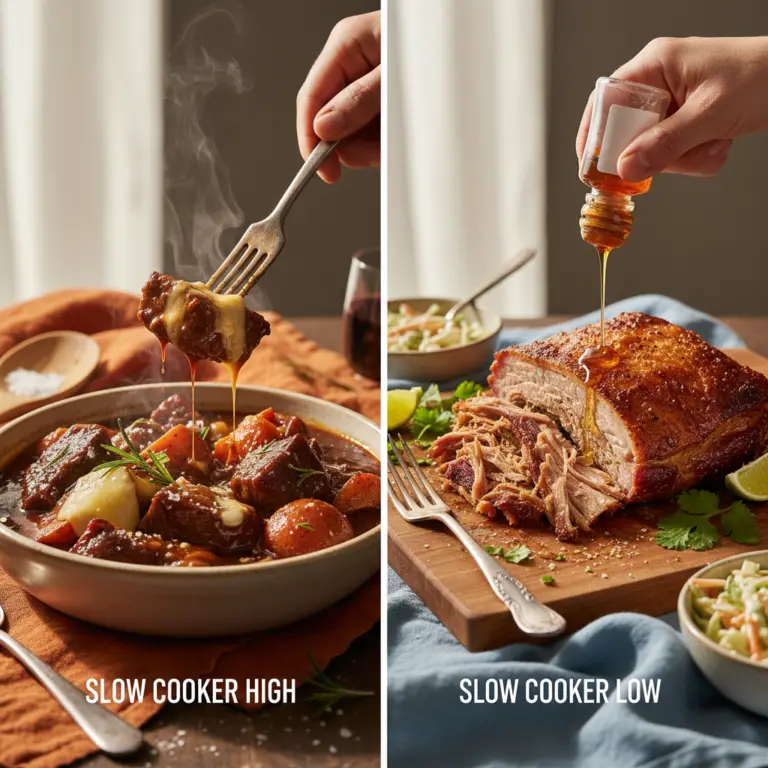 Ilustração editorial: Slow Cooker High vs Low: 5 Rules for Perfect Low-Carb Meals