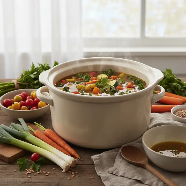 Ilustração editorial: Slow Cooker Vegetable Soup: 3 Secrets for Low-Carb Success