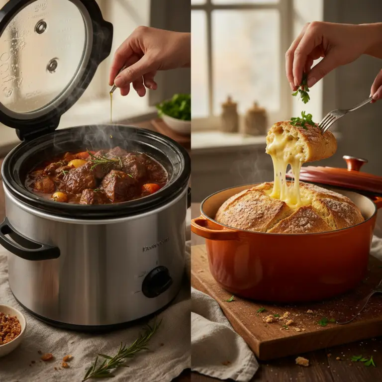 Ilustração editorial: Slow Cooker vs Dutch Oven: 3 Ways to Perfect Low-Carb Meals